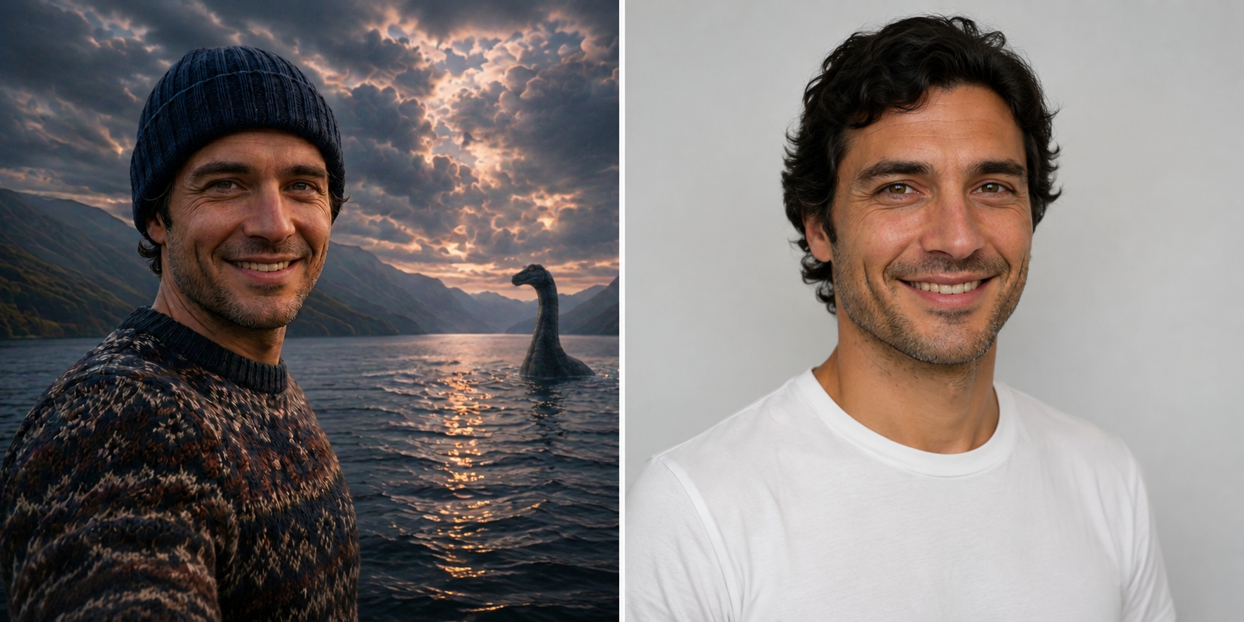 Loch Ness Monster selfie: guest grinning as Nessie rises from the loch behind him
