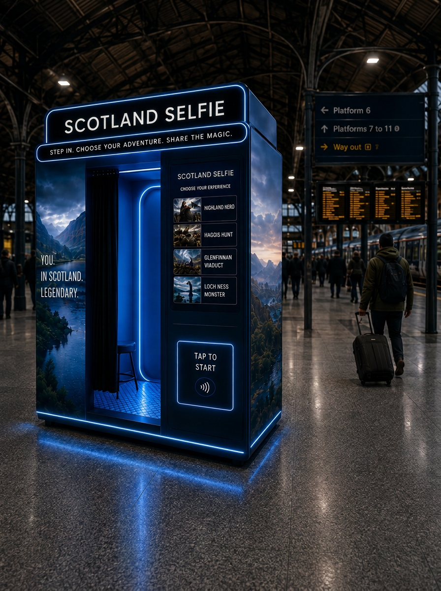 Scotland Selfie booth installed on a busy railway station concourse